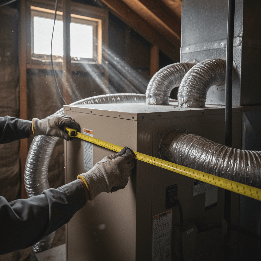 Technician measuring ductwork in an attic