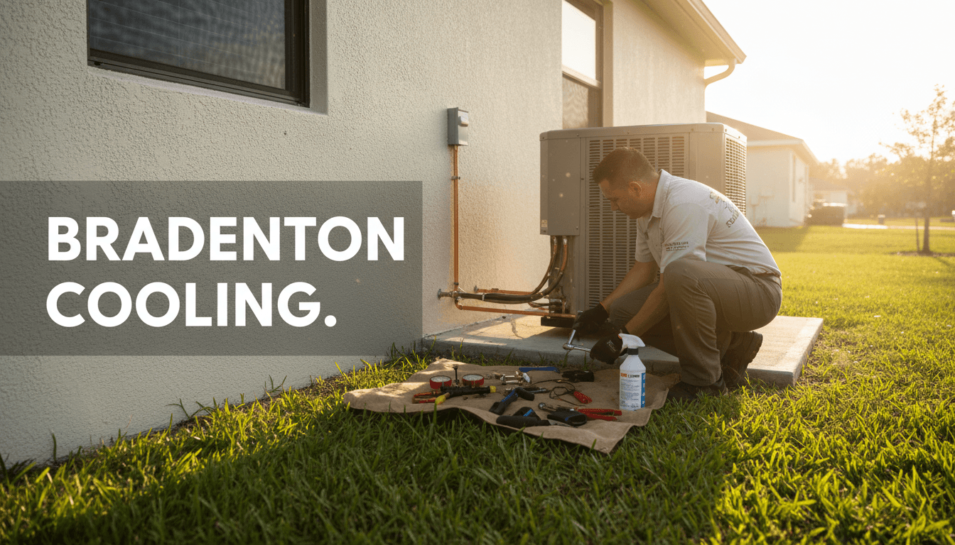 HVAC technician installing a new AC unit outside a home in Bradenton, Florida