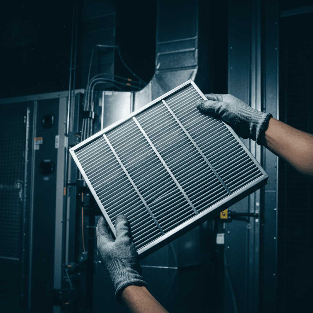 close-up of HVAC technician hands holding a clean air filter