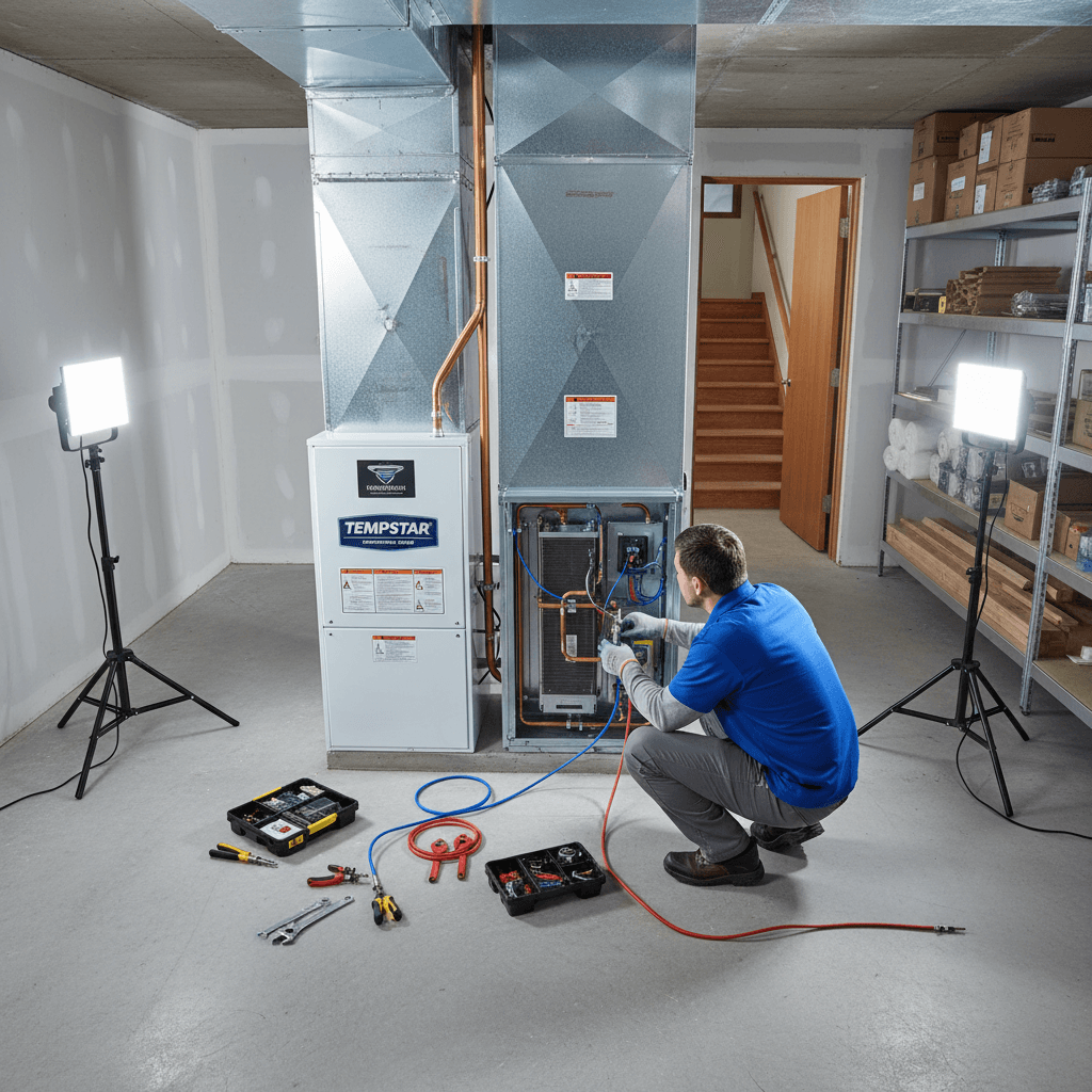 New HVAC air handler installation with organized tools in a garage
