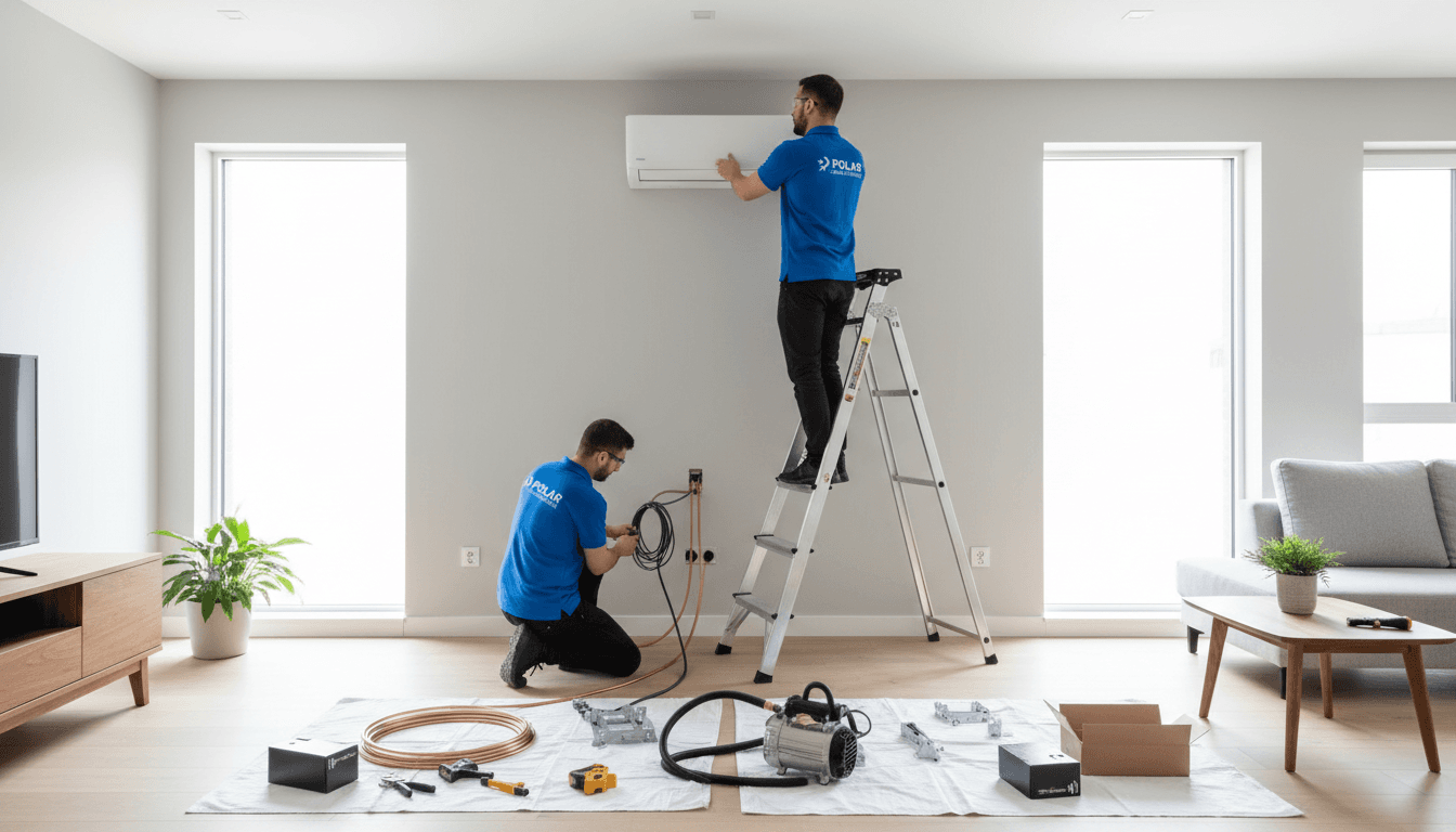 Two HVAC technicians professionally installing split-system air conditioning unit in modern residential living room