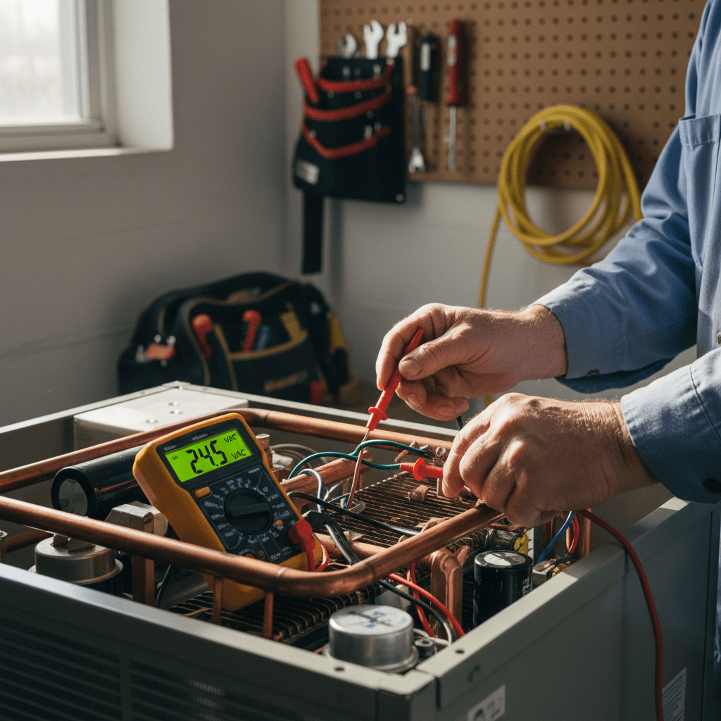 HVAC technician diagnosing an air conditioning unit with a multimeter