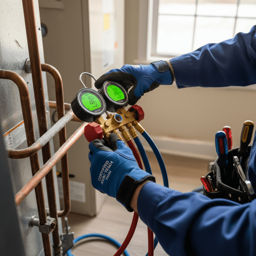HVAC technician using a multimeter on an AC unit