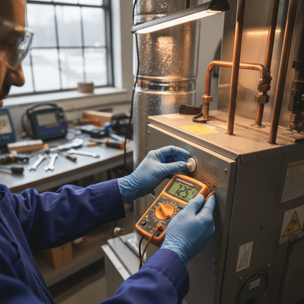 HVAC technician diagnosing a furnace electrical connection with a multimeter