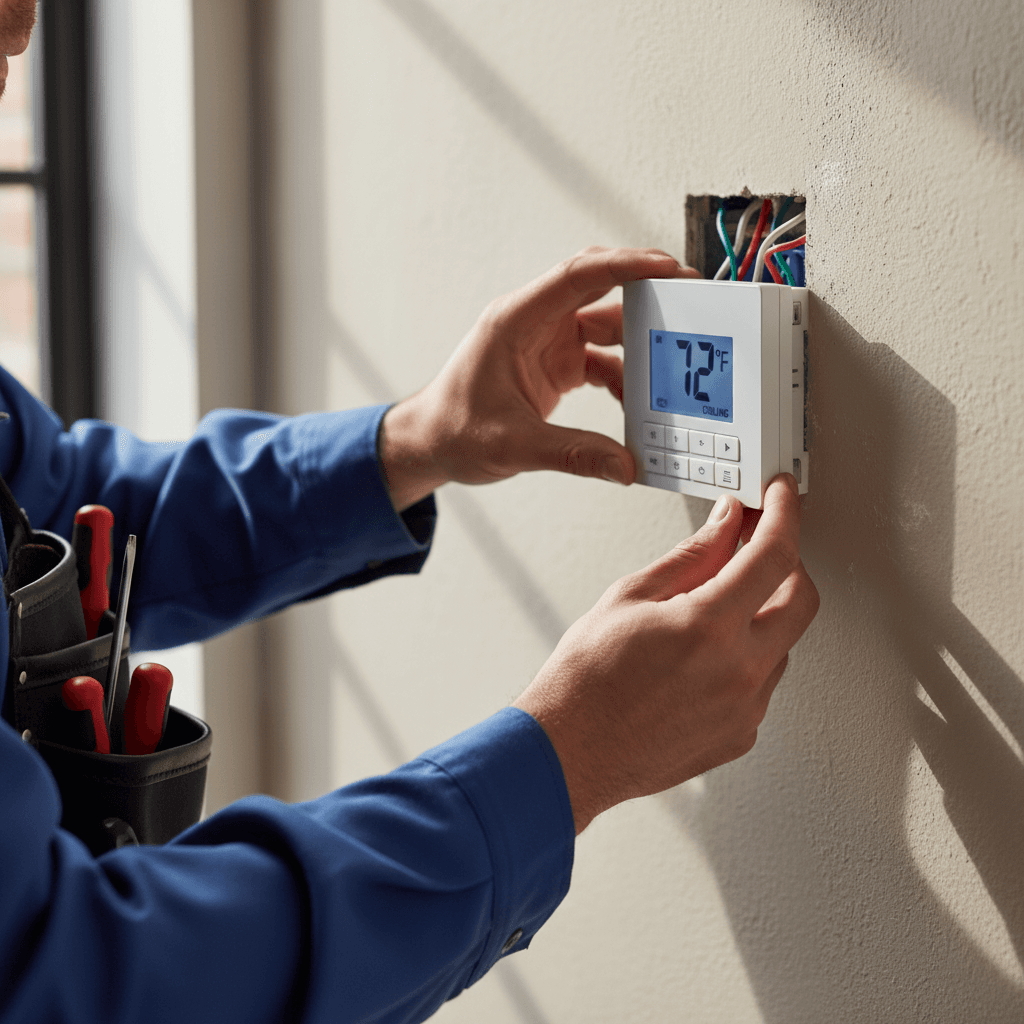 Hand adjusting thermostat with glowing blue digital display