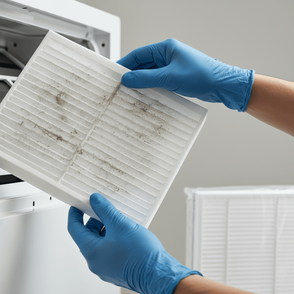 HVAC technician holding a clean air filter outdoors