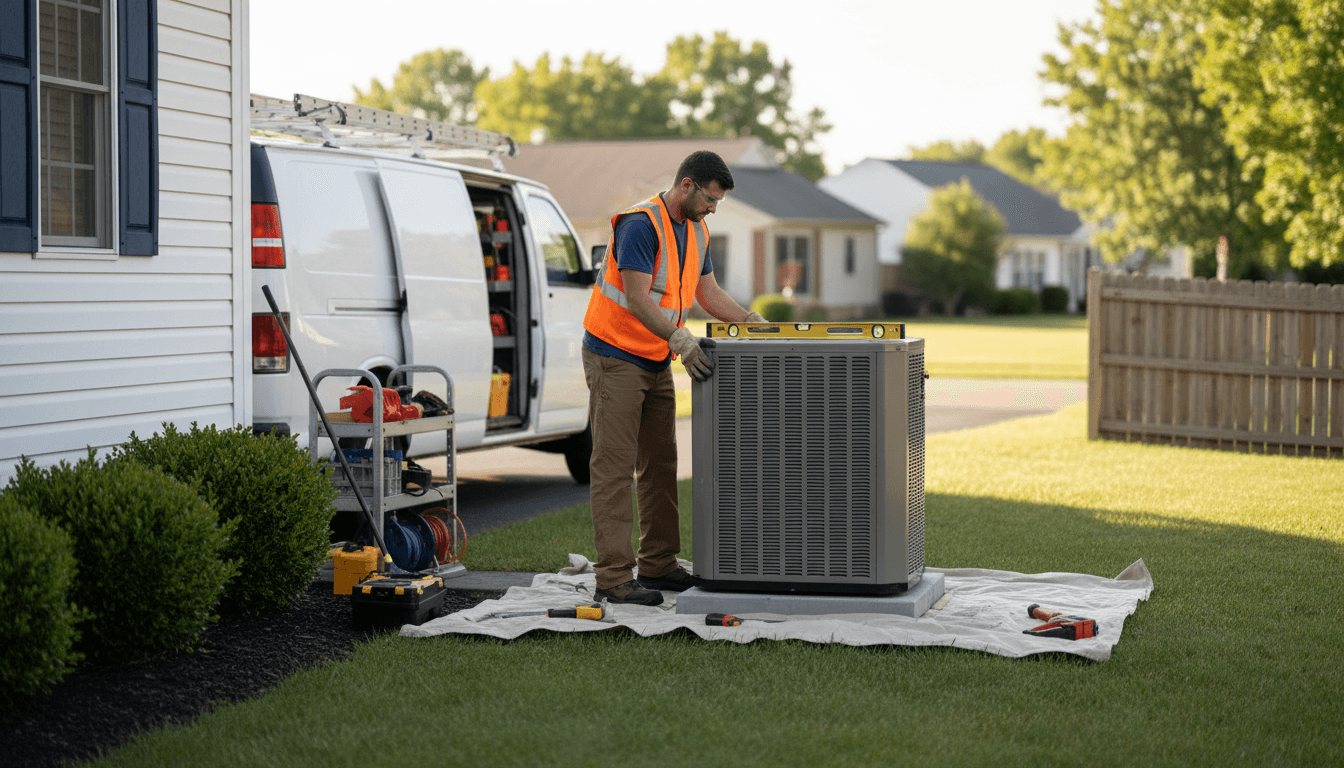 HVAC technician inspecting a newly installed air conditioner unit in a backyard