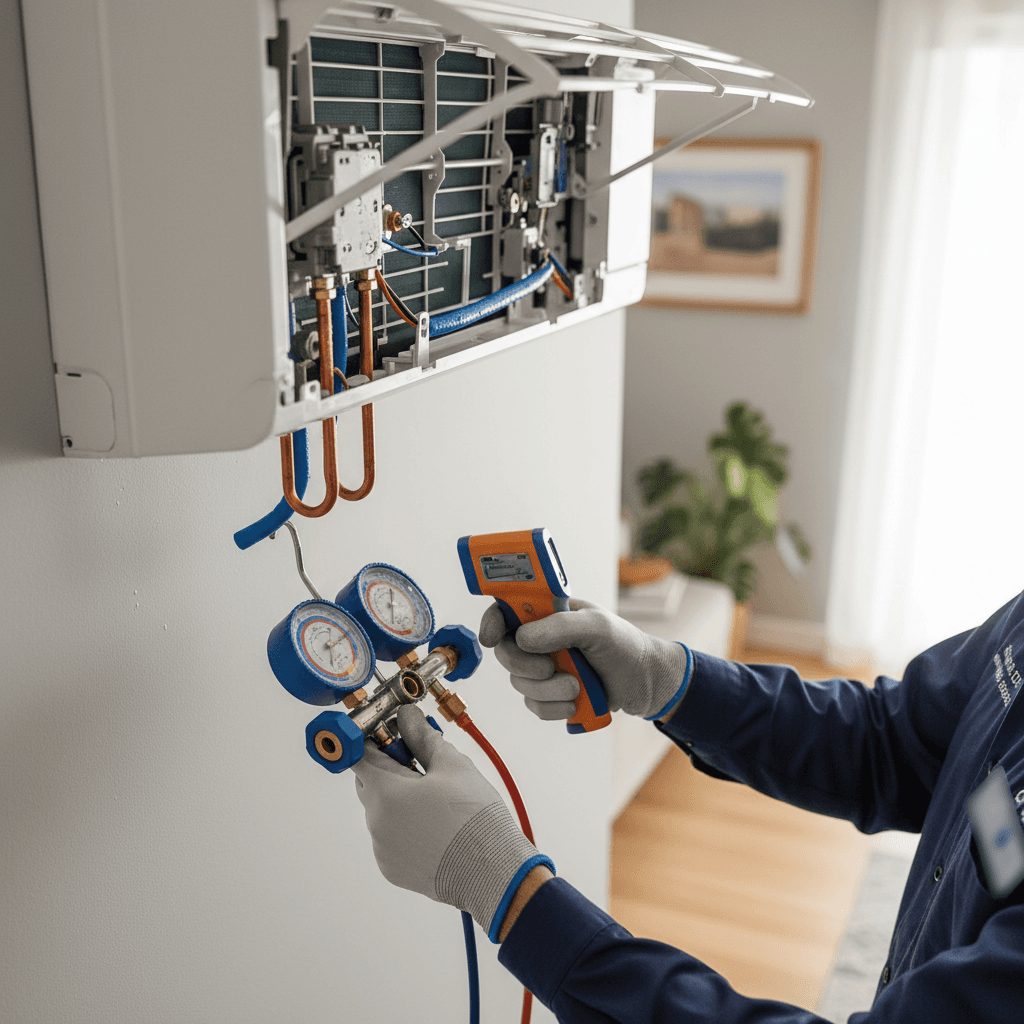 HVAC technician's hands inspecting air conditioning unit components and refrigerant lines with diagnostic tools in residential setting