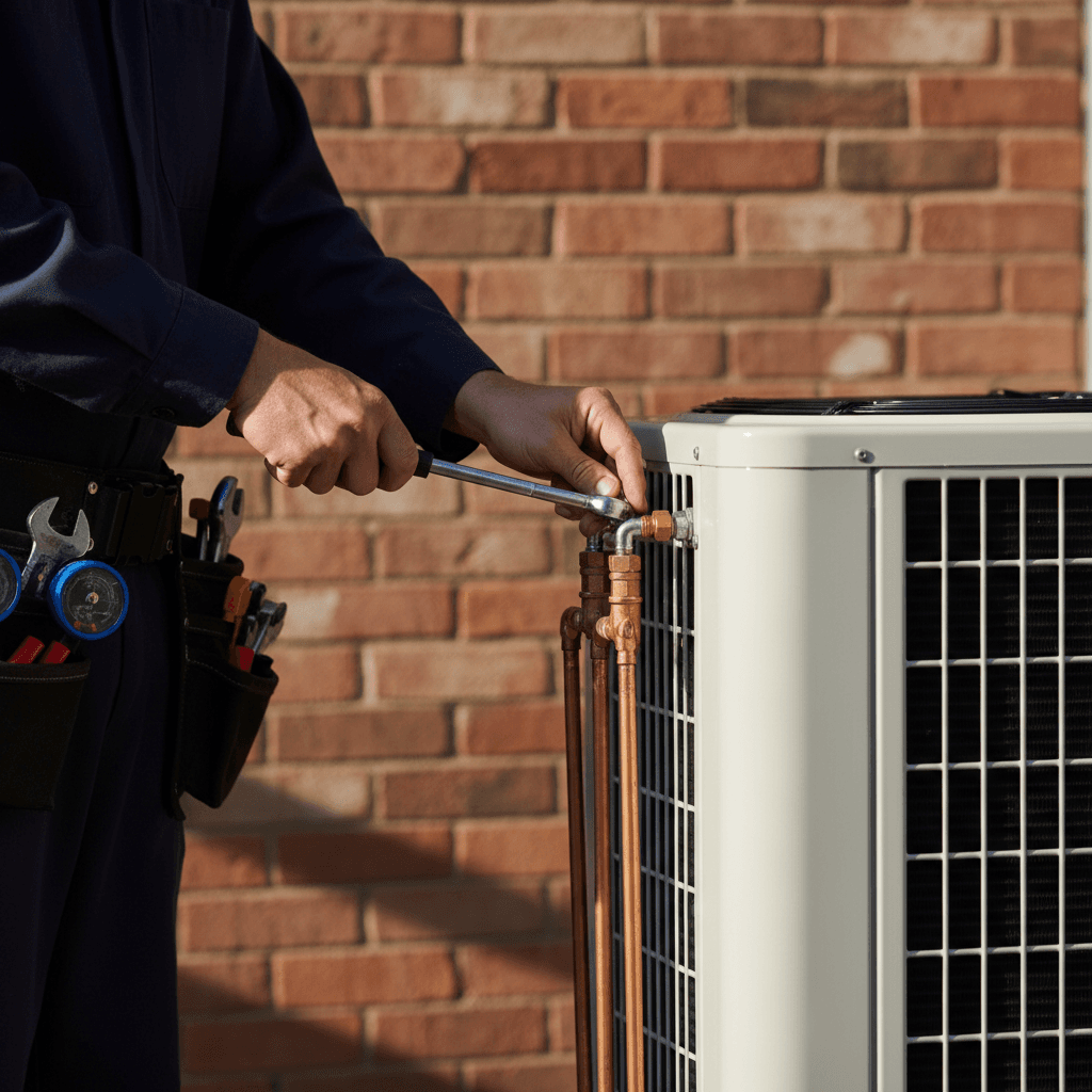 HVAC technician approaching a newly installed AC unit at a Bradenton home